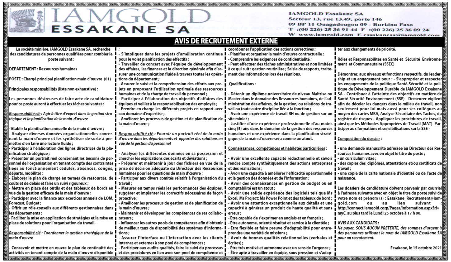 Recrutement de 01 Chargé Principal Planification Main d'Œuvre